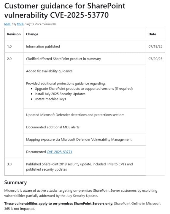 Critical Microsoft SharePoint Zero-Day Attack CVE-2025-53770 Dubbed "ToolShell" Exposes On-Premises Servers: Emergency Guidance Issued